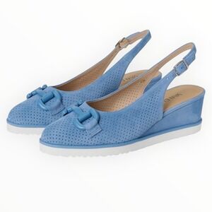 Vaneli Dabry Azure Blue Suede Slingback Wedge Flats Shoes 9N Narrow Fit Comfort